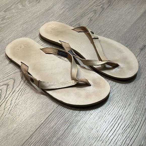 UGG Australia Thong Flip Flop Sandals Ally Women's 9 Leather Tan Beige - Picture 1 of 6